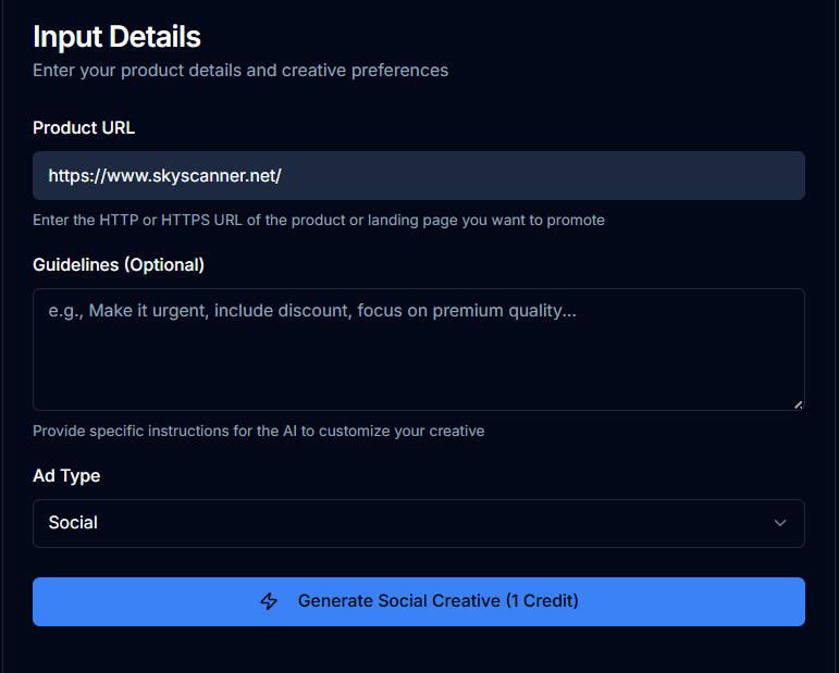 Input form showing Skyscanner product URL and creative preferences